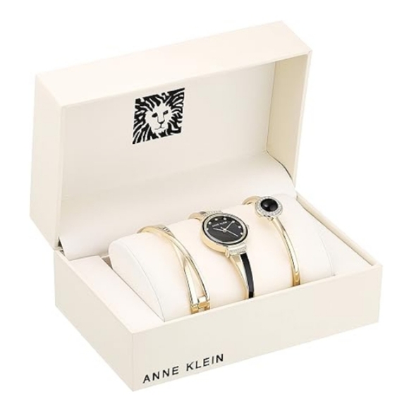 Women\'s Premium Crystal Accented Watch and Bangle Set Gold /Black